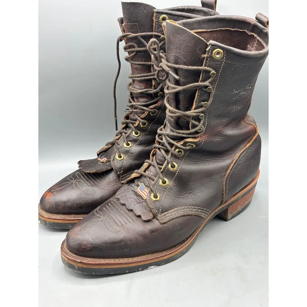Chippewa Mens Brown Leather Kiltie Logger Boots USA Made 29416 Size 9.5